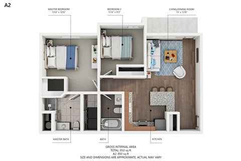 A floor plan of a small apartment with a master bedroom, a bedroom, a living/dining room, a kitchen, and a master bath.